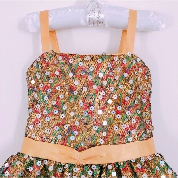 Sophia Sewing Girls Dress 2 – Gold Sequin Satin & Tulle Party Gown w/ Bow | EUC - Picture 7 of 16